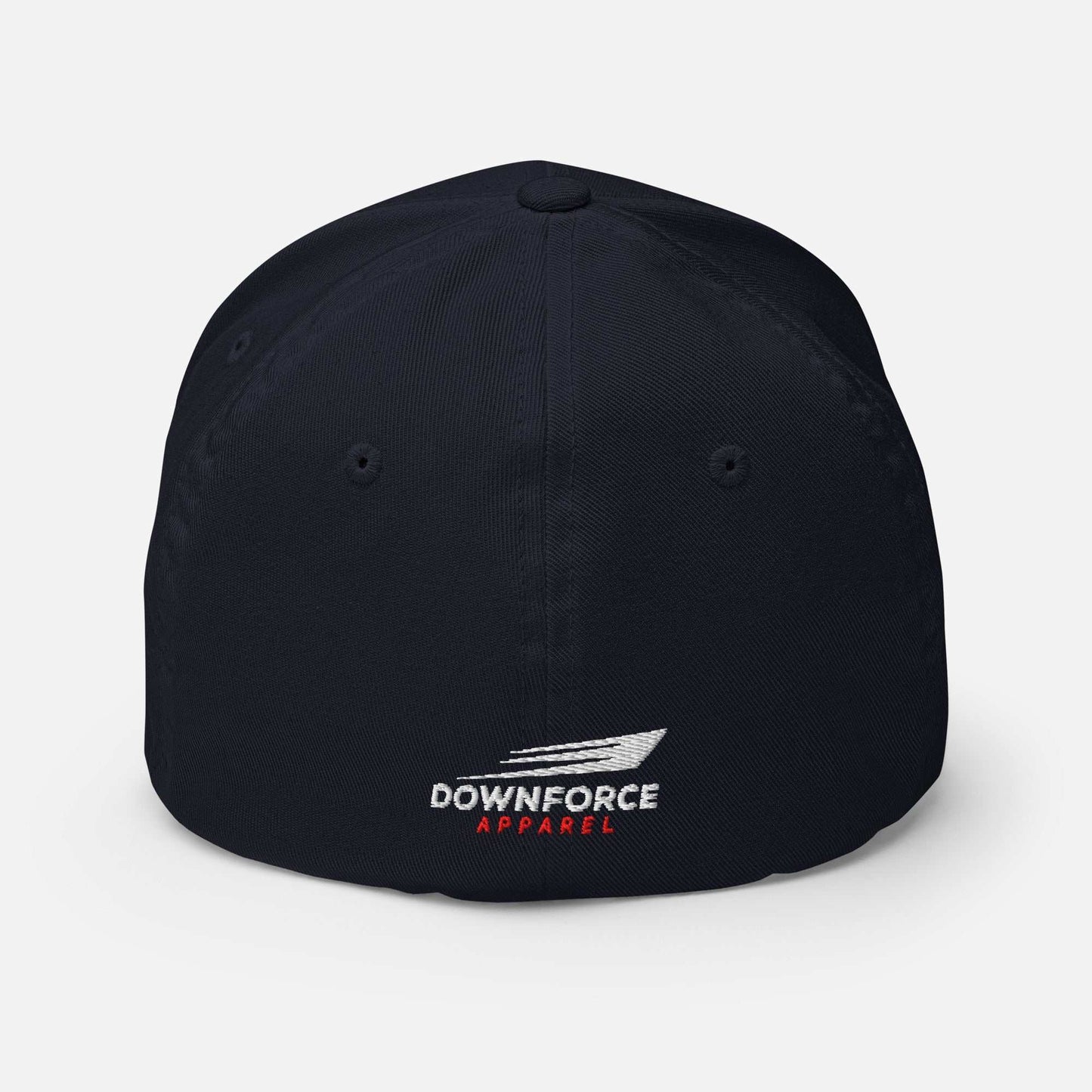Back view of black Downforce Apparel Flexfit structured cap with embroidered logo and silver undervisor designed for car culture enthusiasts