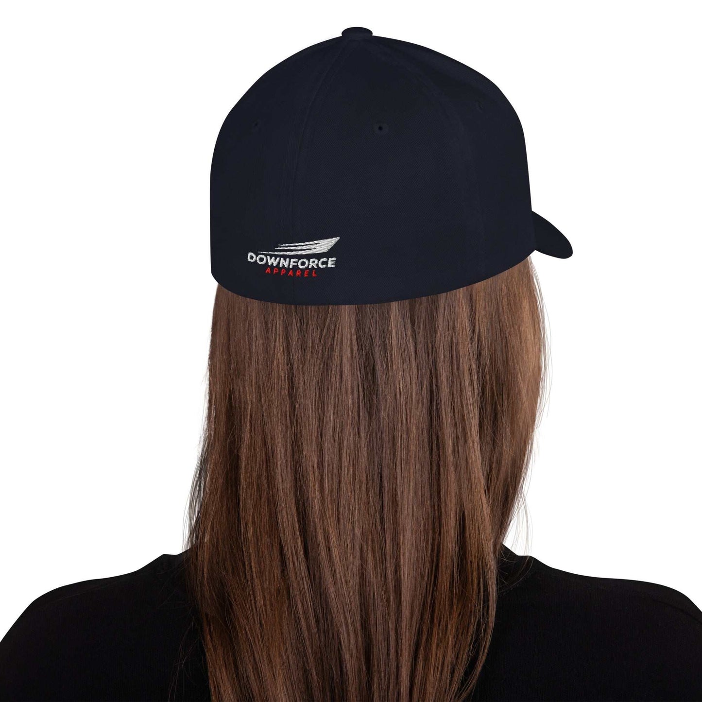 Back view of Downforce Apparel Flexfit cap with embroidered logo on black structured six-panel hat