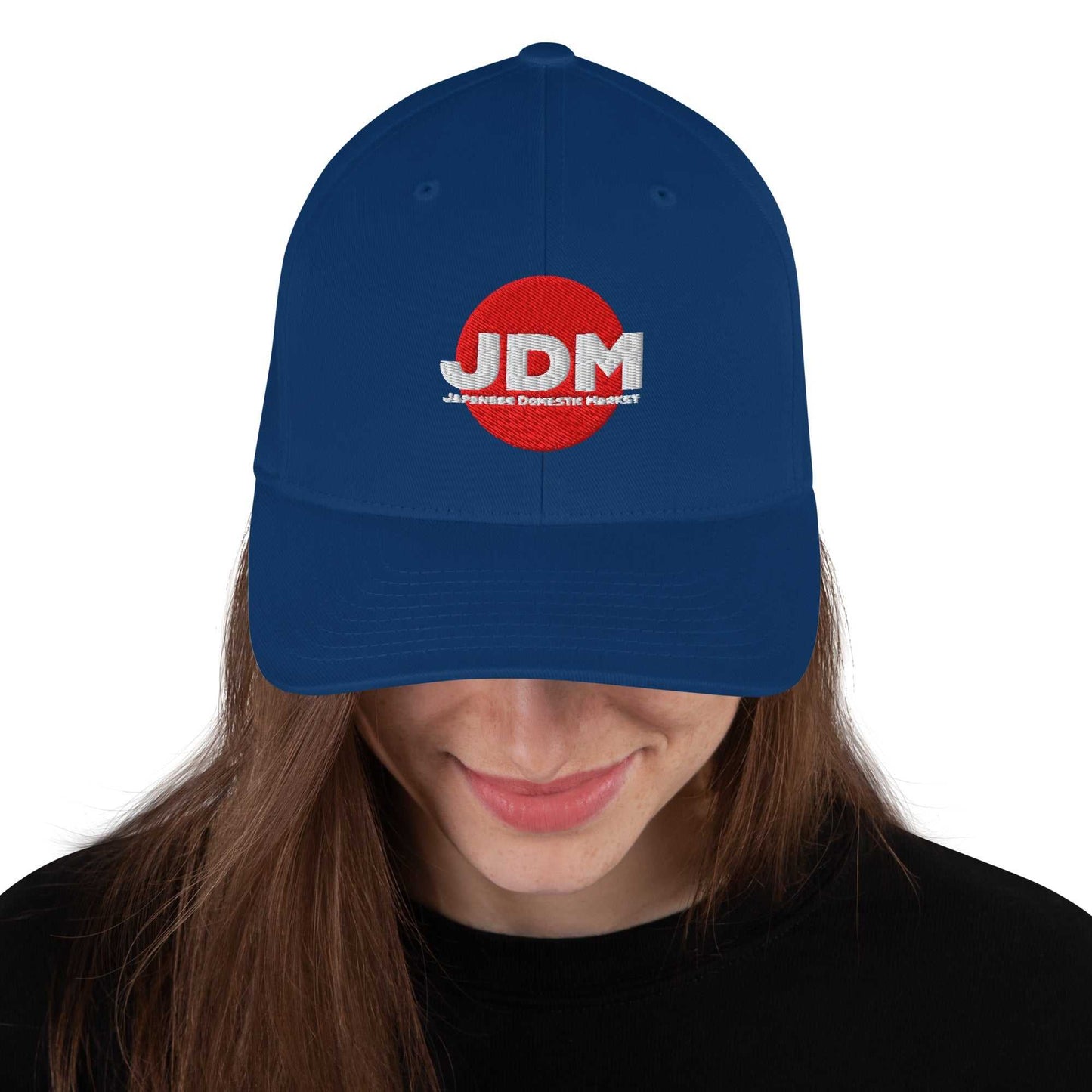 Navy blue Flexfit cap with embroidered red and white JDM logo, curved visor, and silver undervisor