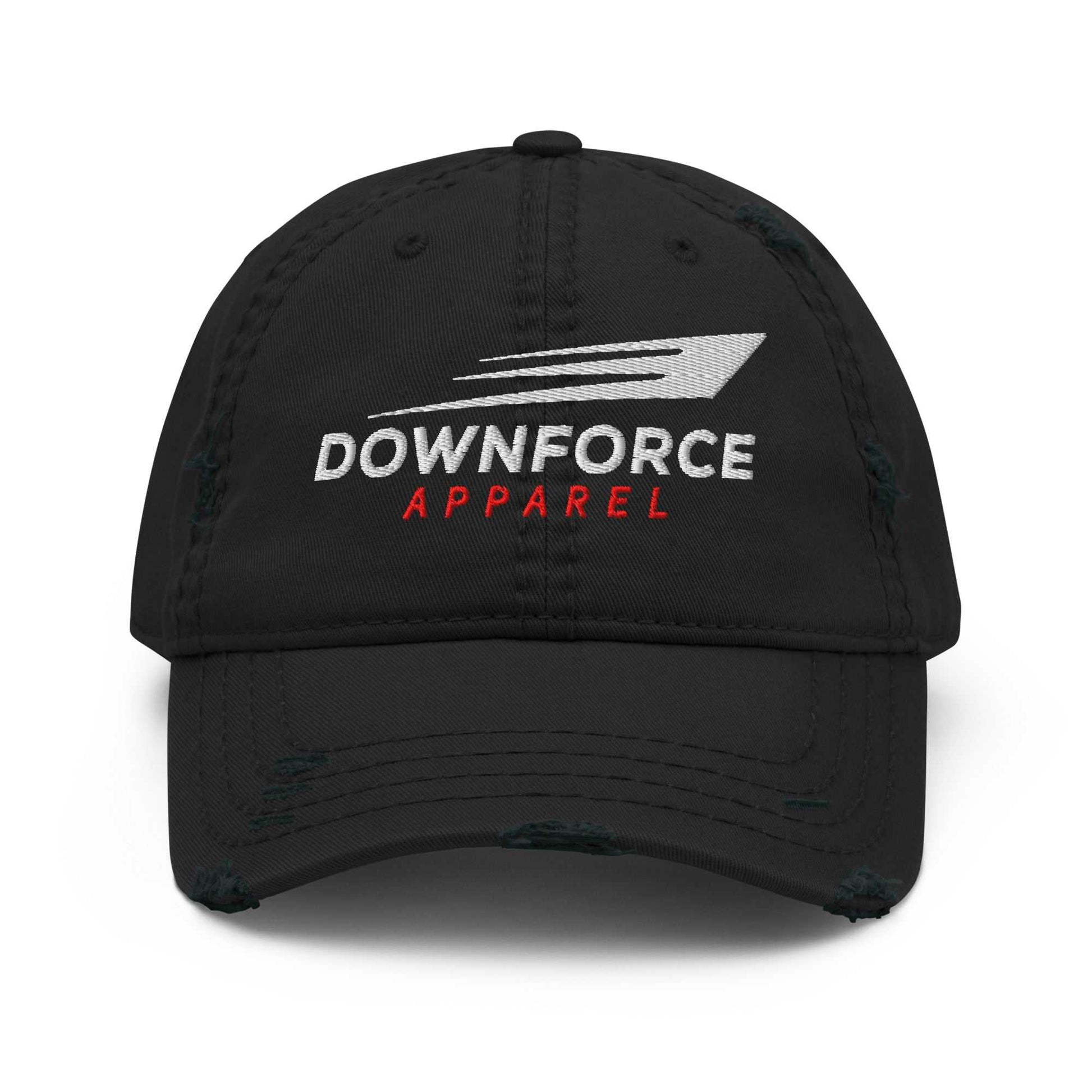 Black DownForce Apparel distressed dad hat with embroidered logo and adjustable strap