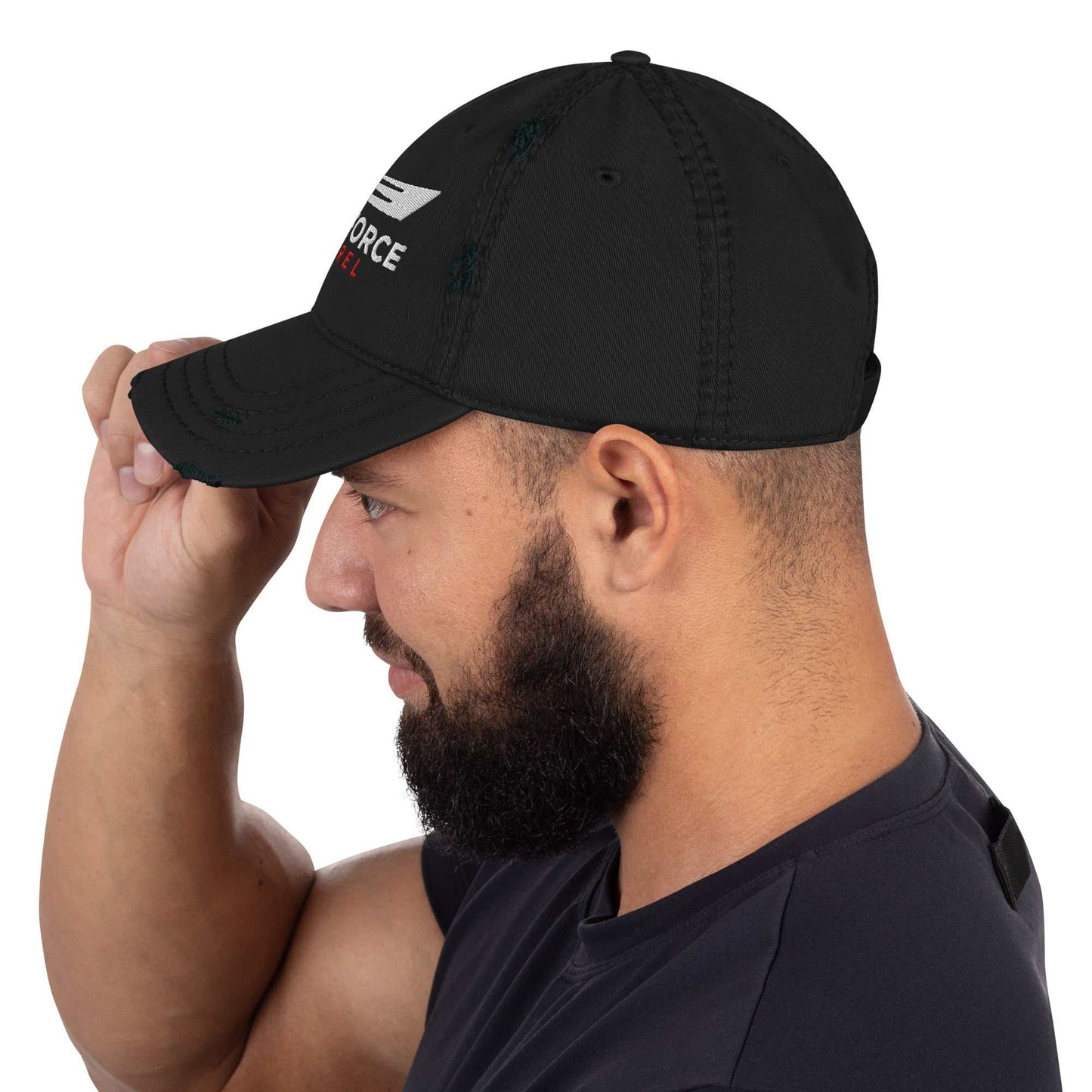 Man wearing black DownForce Apparel distressed dad hat with logo on front and adjustable strap on back