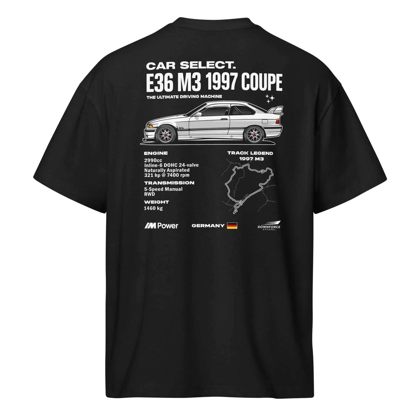 BMW E36 M3 Nürburgring Spec Tee by Downforce Apparel, Track Legend Series, with car diagram and specs.