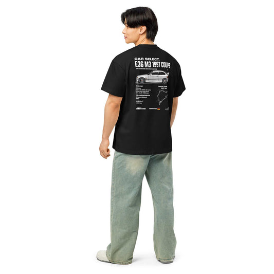 Man wearing black E36 M3 Nürburgring Spec Tee with car specs and Nürburgring map on back