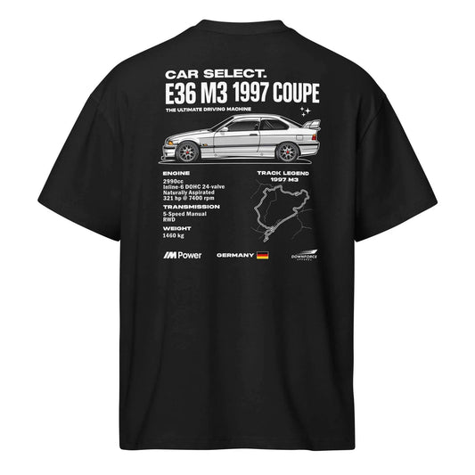 Black E36 M3 Nürburgring Spec Tee with car profile, engine specs, and track design