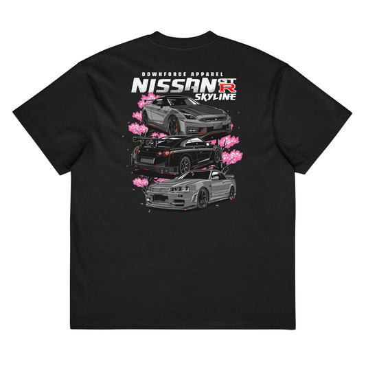 Black Skyline Legends Sakura GT-R Tee featuring three Nissan GT-R cars with cherry blossom design in JDM streetwear style