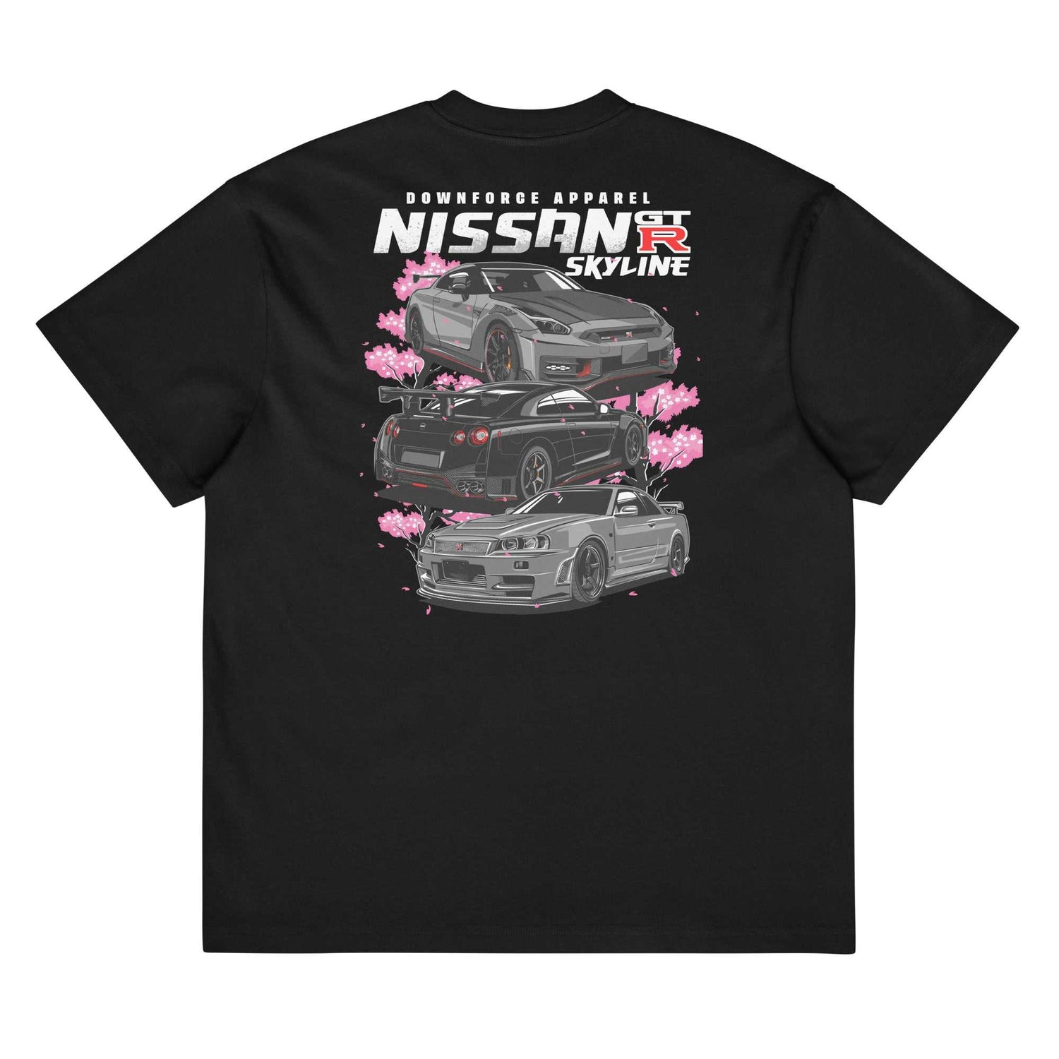 Black oversized Skyline Legends Sakura GT-R Tee with three Nissan GT-R cars and cherry blossom design on back, streetwear style