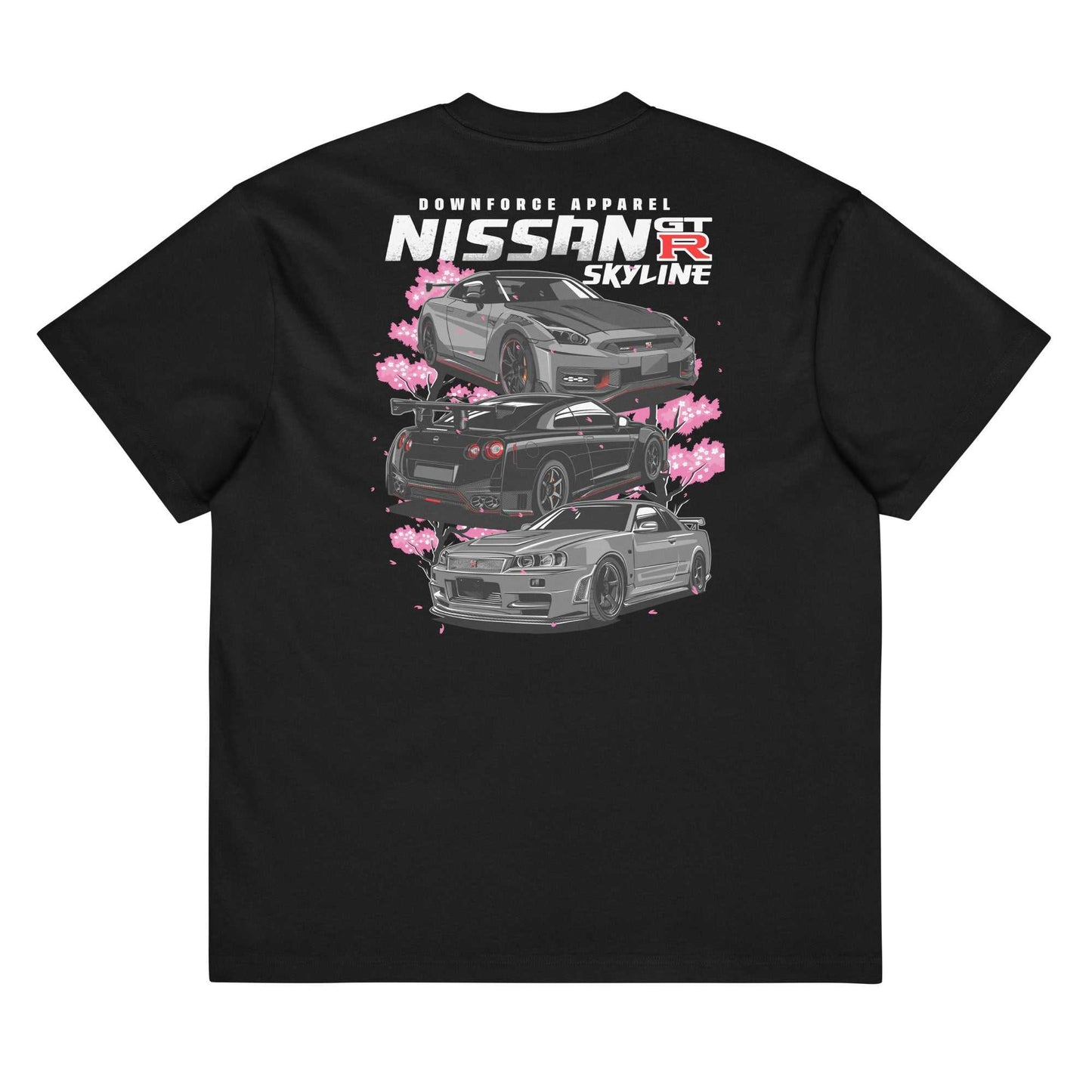 Black oversized Skyline Legends Sakura GT-R Tee with three Nissan GT-R cars and cherry blossom design on back, streetwear style
