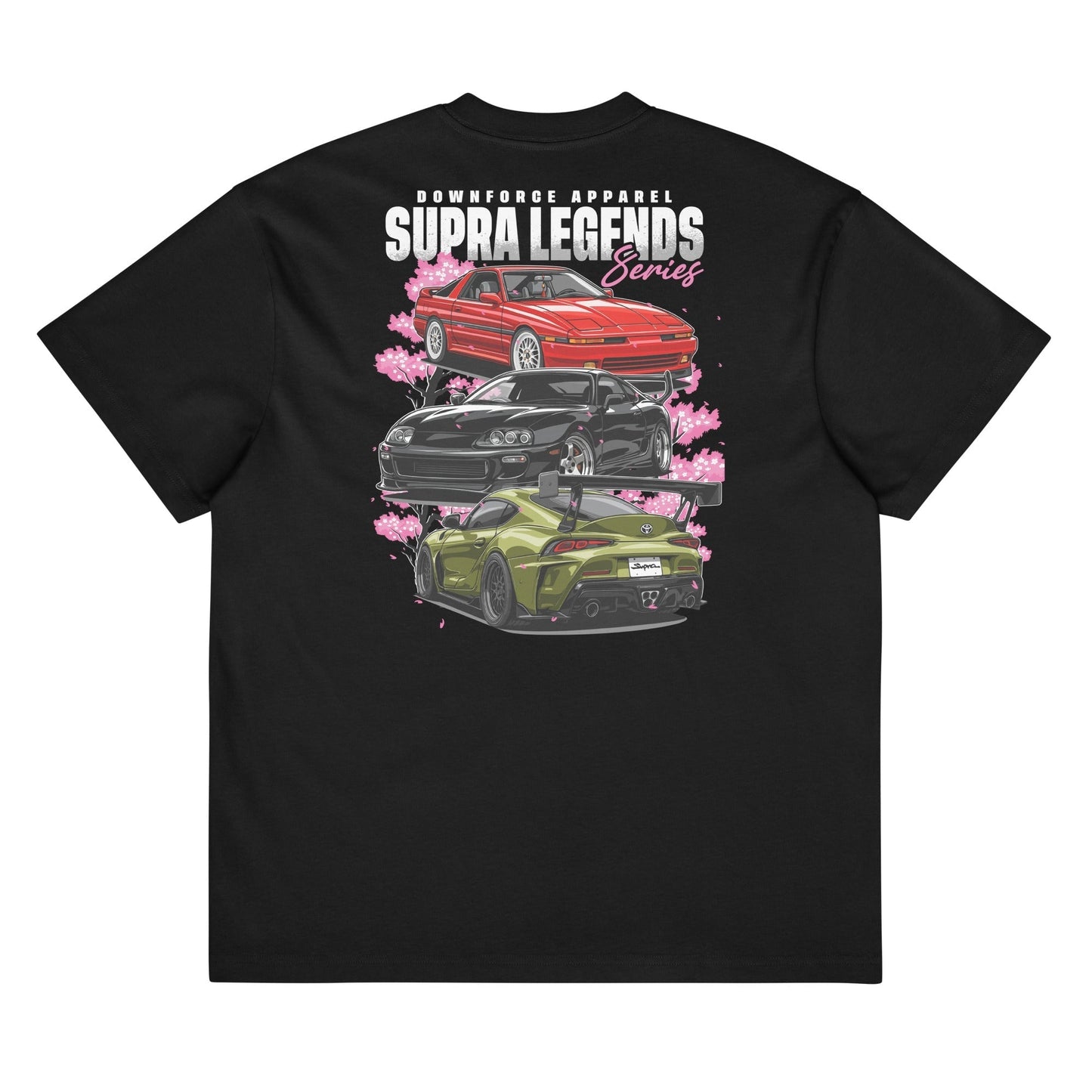 Black Supra Legends Series tee with graphic of three iconic Toyota Supra models and cherry blossoms