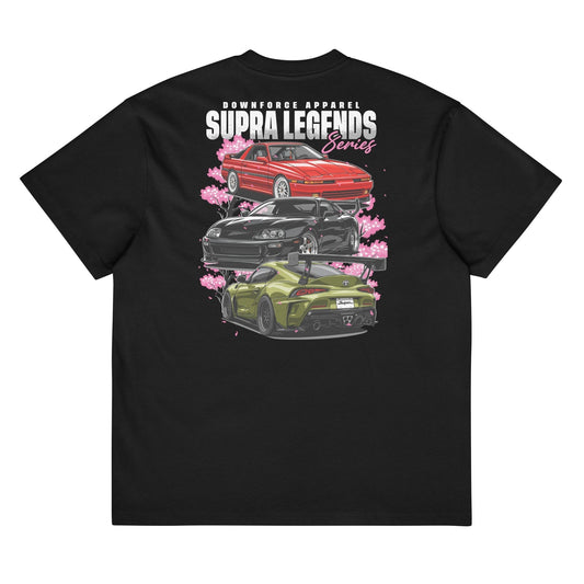Black Supra Legends Series tee with graphic of three iconic Toyota Supra models and cherry blossoms