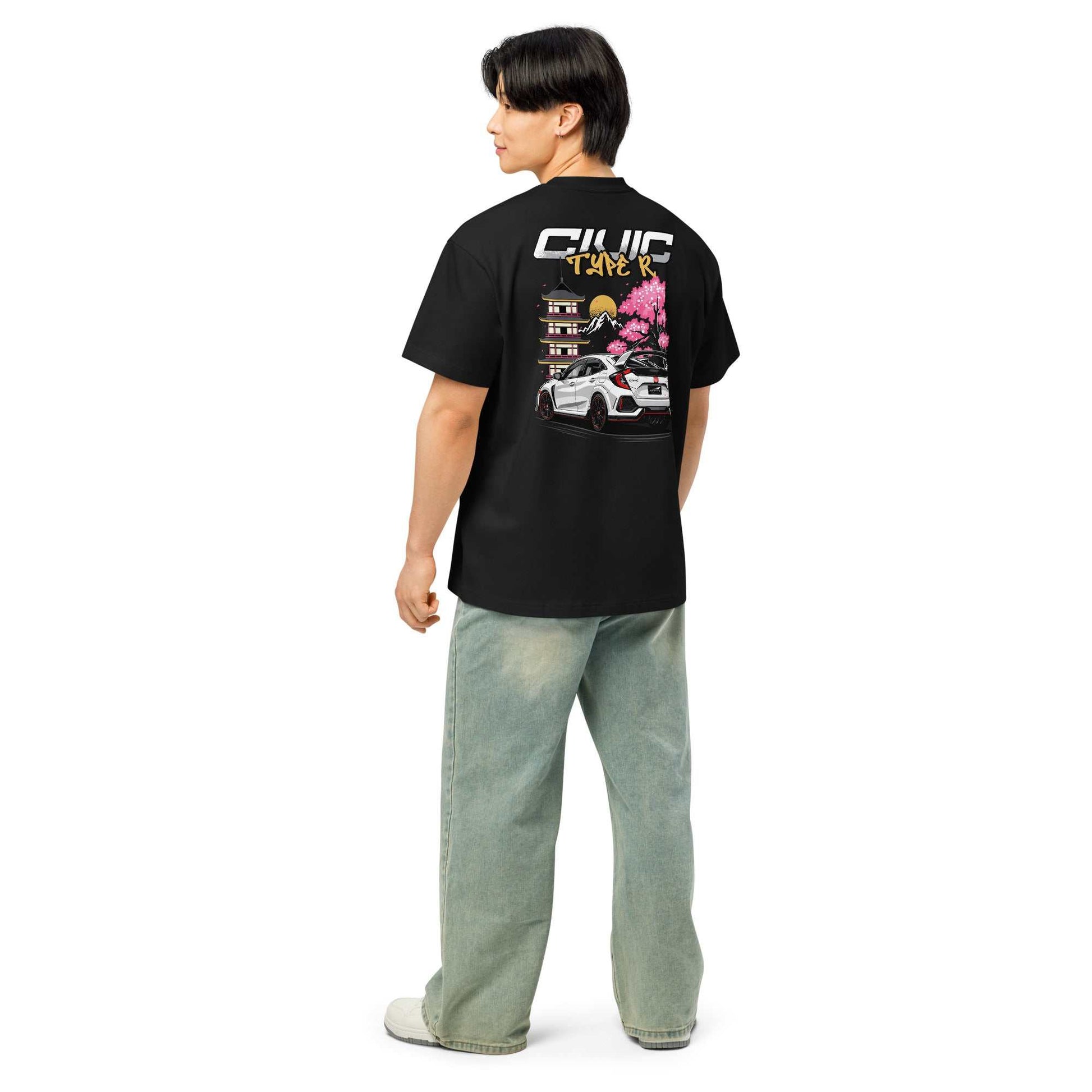 Black Civic Type R Apex Legends tee with detailed car and cherry blossom design on back worn by model
