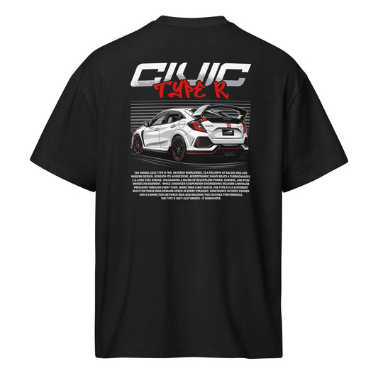 Black Civic Legends FK8 Type R Tee with rear graphic of white Civic Type R car and text design