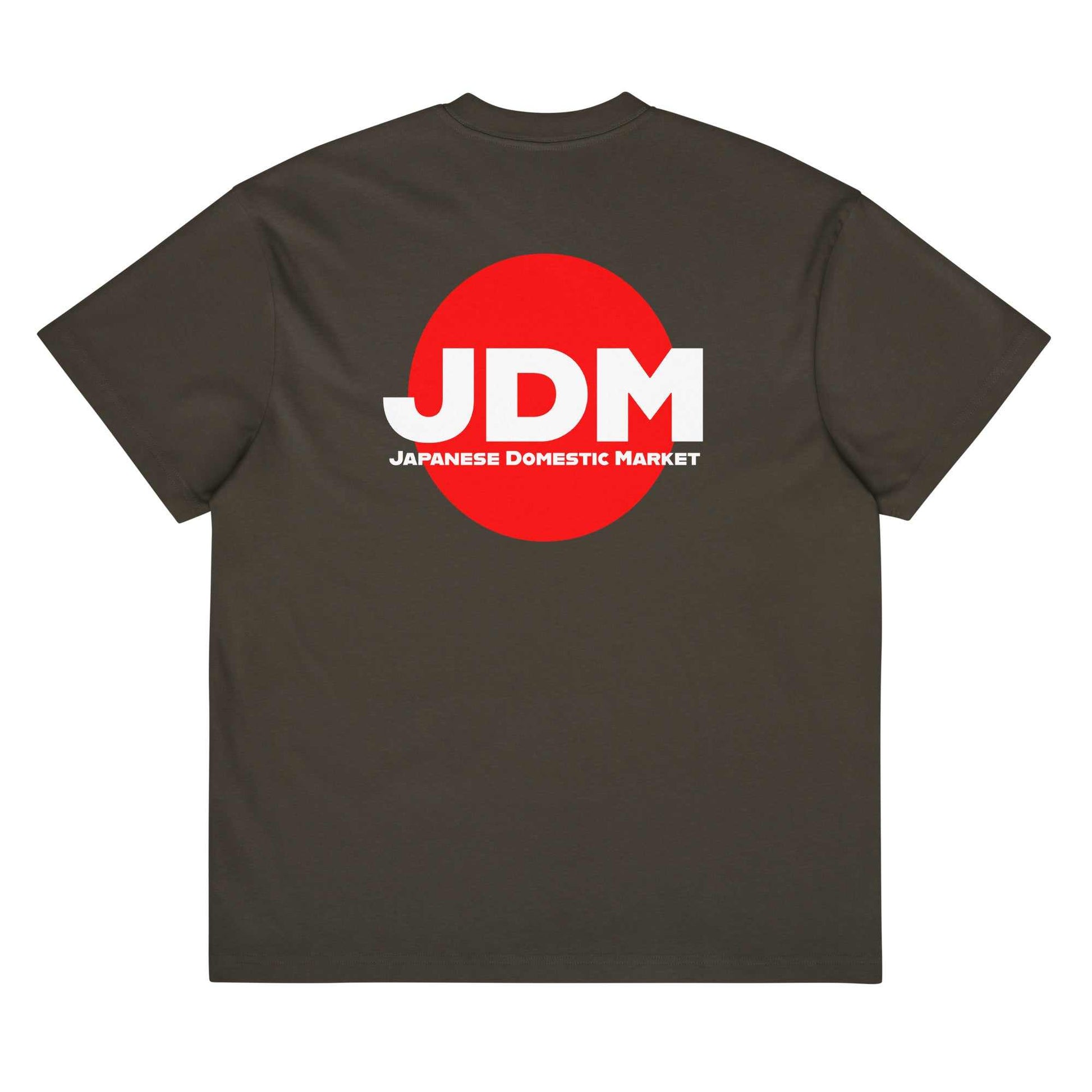 Brown oversized JDM box tee with large red circle and white Japanese Domestic Market logo on back, featuring a reinforced neckline and drop shoulder sleeves.