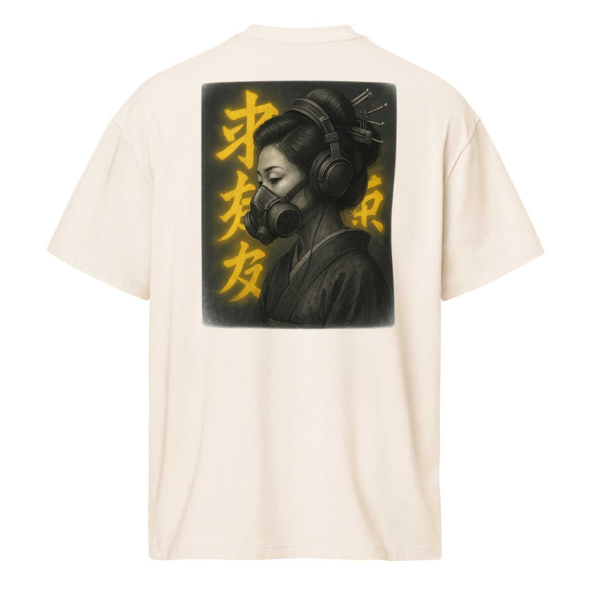 Beige Neo Geisha box tee featuring digital artwork of a modern geisha with gas mask and headphones, oversized relaxed fit with ribbed collar and vintage-washed finish.