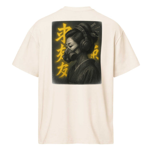 Beige Neo Geisha box tee featuring digital artwork of a modern geisha with gas mask and headphones, oversized relaxed fit with ribbed collar and vintage-washed finish.