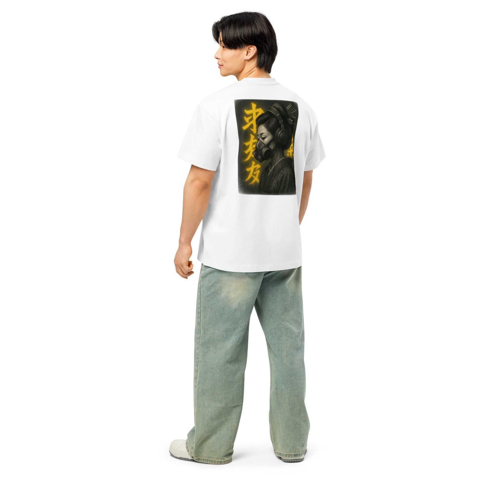 Man wearing white oversized Neo Geisha box tee featuring digital art of futuristic geisha with neon kanji on the back