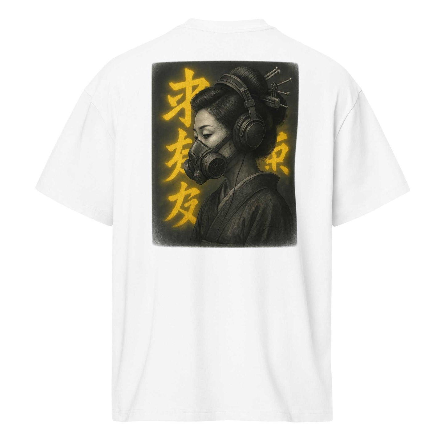 White oversized tee featuring digital art of a modern geisha with gas mask and headphones, neon yellow kanji text, premium cotton streetwear style.