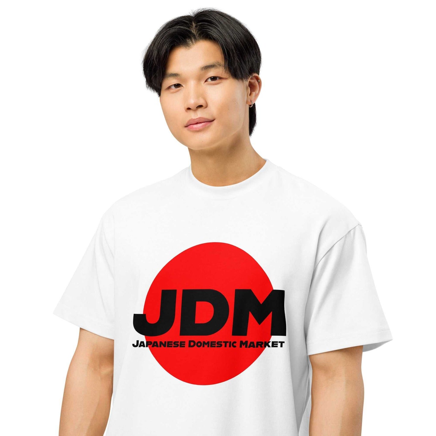 White oversized box tee with bold red circle and black JDM Japanese Domestic Market logo, casual streetwear inspired by Japanese car culture