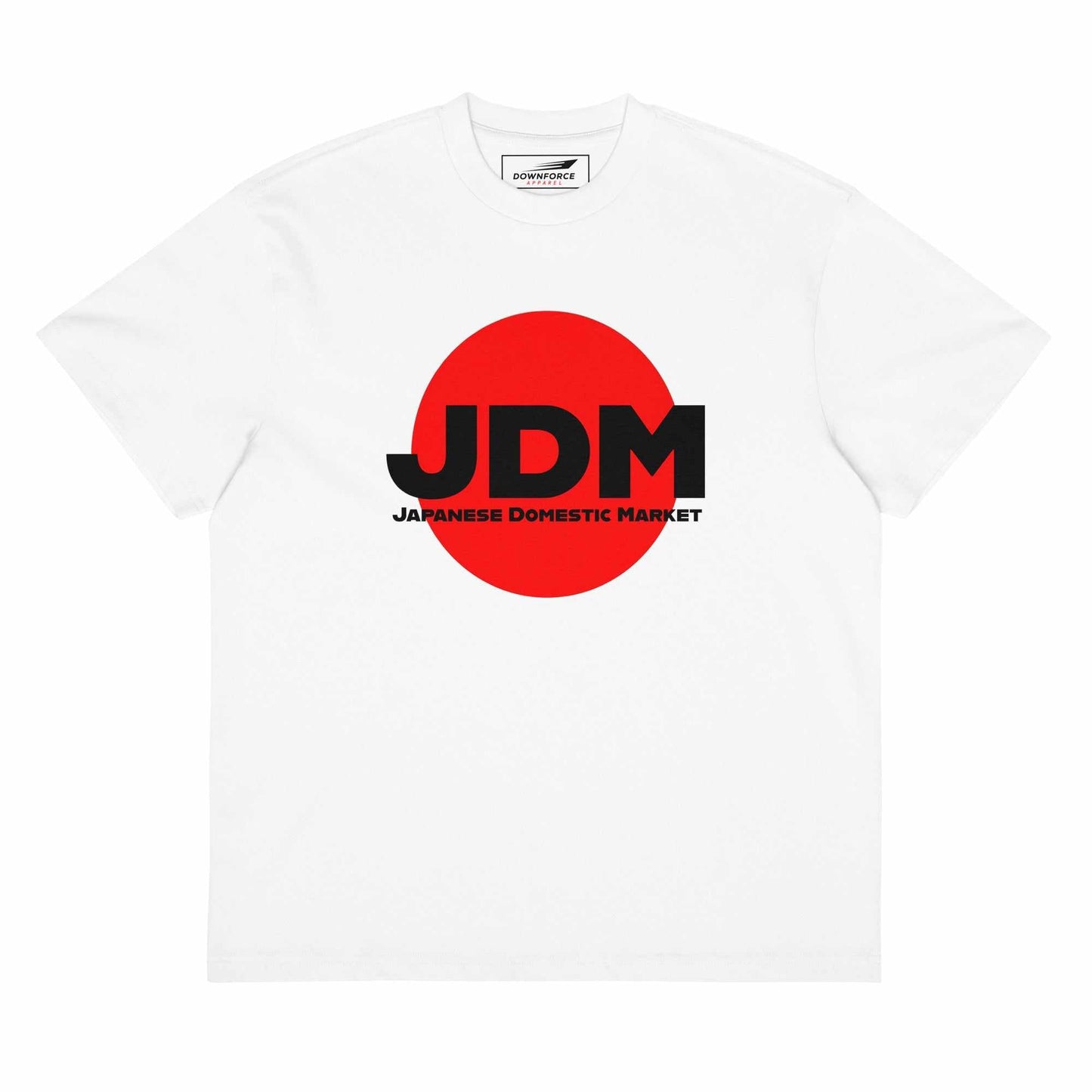 JDM White box tee with bold red circle and black Japanese Domestic Market logo on white oversized cotton shirt