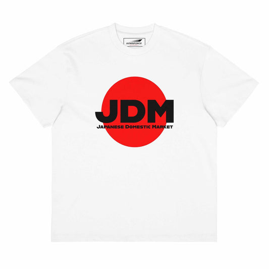JDM White box tee with bold red circle and black Japanese Domestic Market logo on white oversized cotton shirt