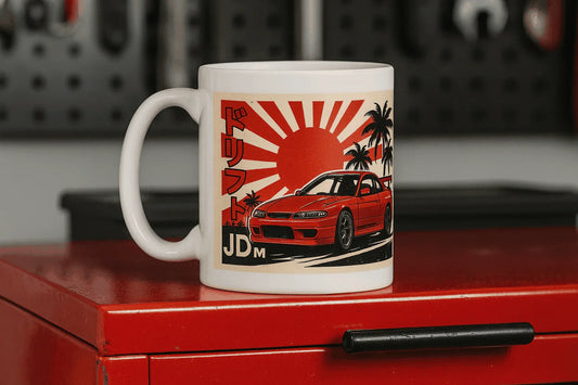Rising Sun Legends Mug with JDM car design and Japanese rising sun graphic on ceramic coffee cup