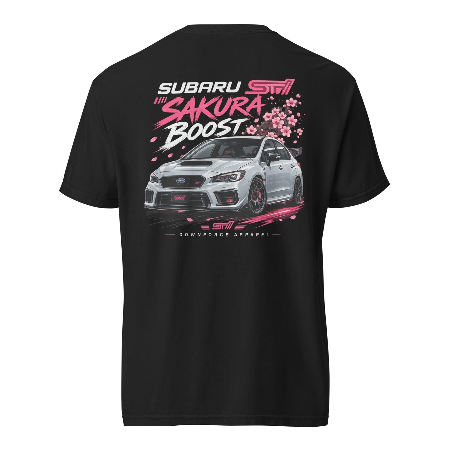black t-shirt with Subaru STi on back