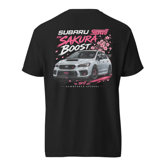 black t-shirt with Subaru STi on back