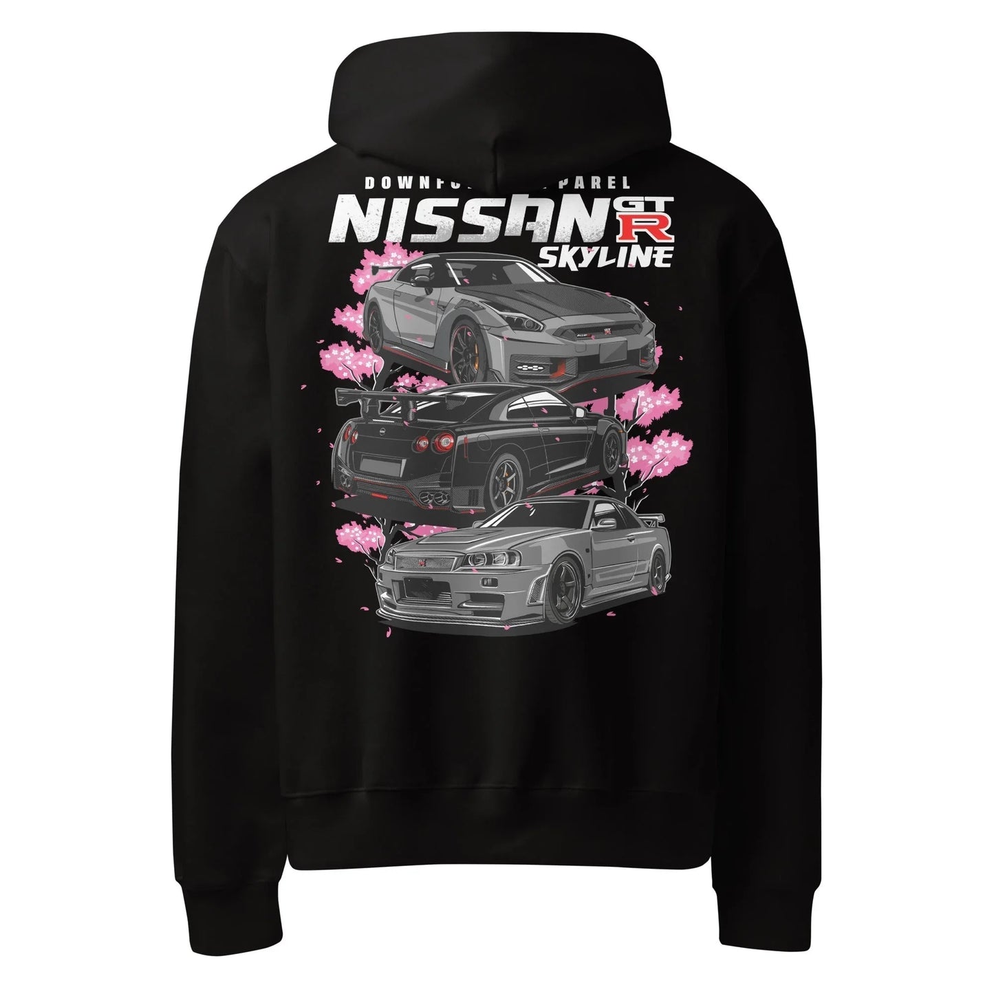 Black Skyline Legends Sakura GT-R Hoodie with detailed Nissan GT-R graphic and cherry blossom design on the back