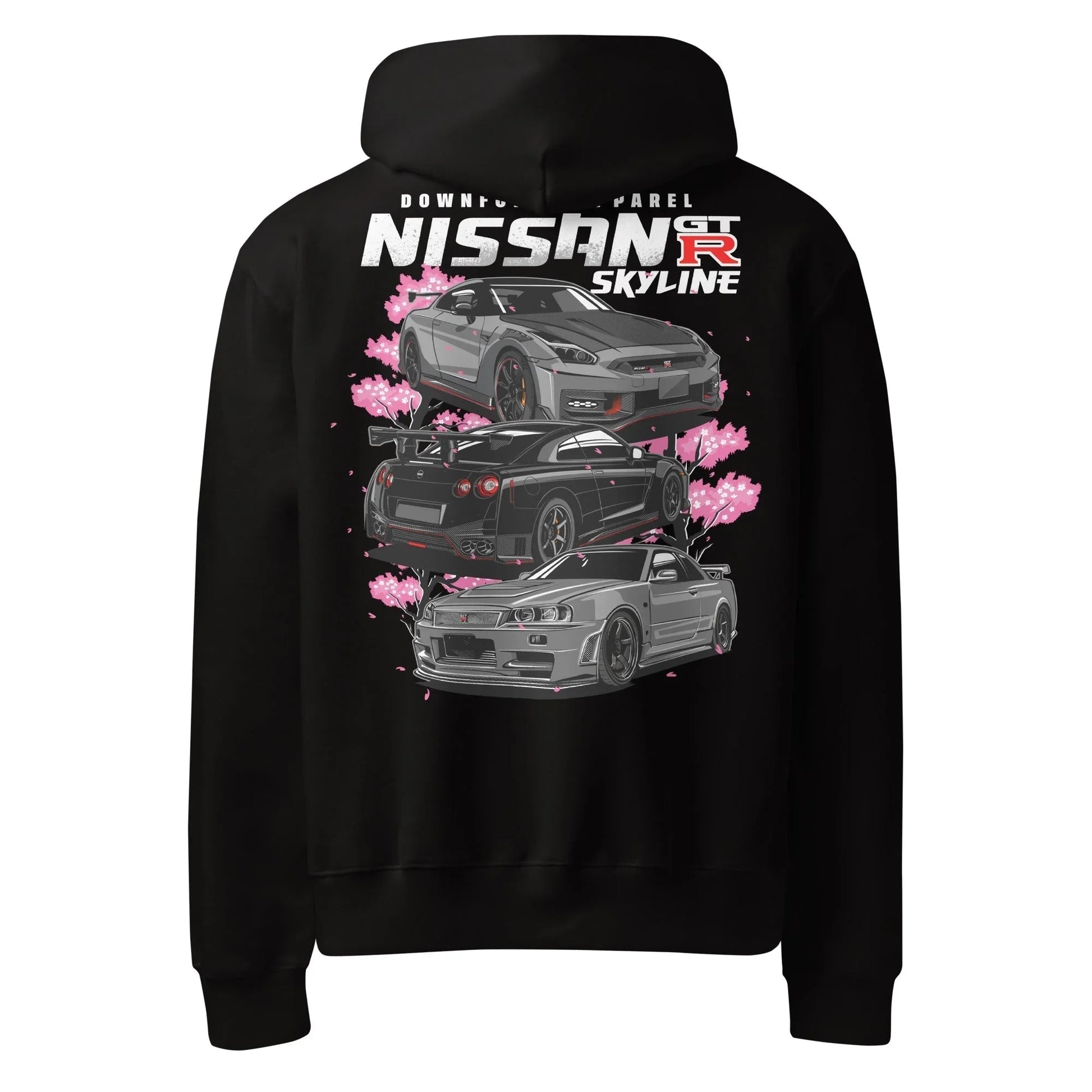 Black Skyline Legends Sakura GT-R Hoodie with detailed Nissan GT-R graphic and cherry blossom design on the back