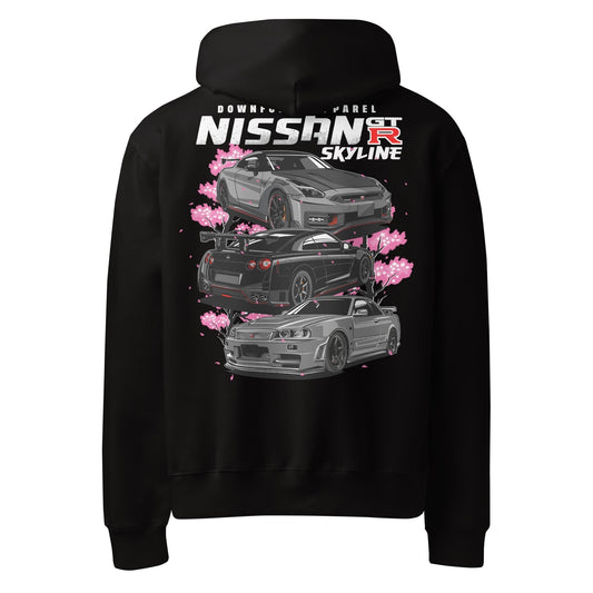 Black Skyline Legends Sakura GT-R Hoodie with detailed Nissan GT-R graphic and cherry blossom design on the back