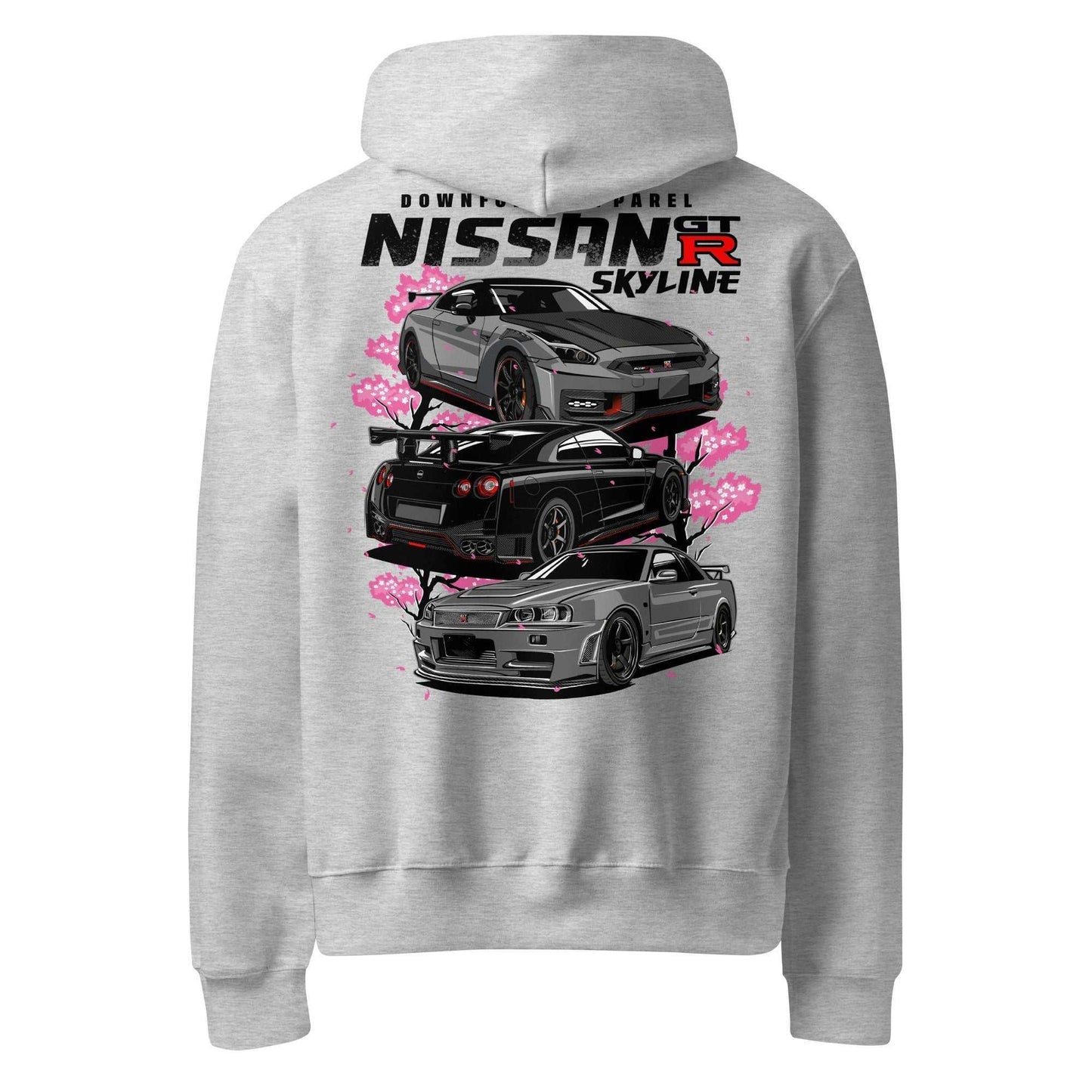 Gray Skyline Legends Sakura GT-R Hoodie with detailed Nissan GT-R cars graphic and cherry blossom design on back