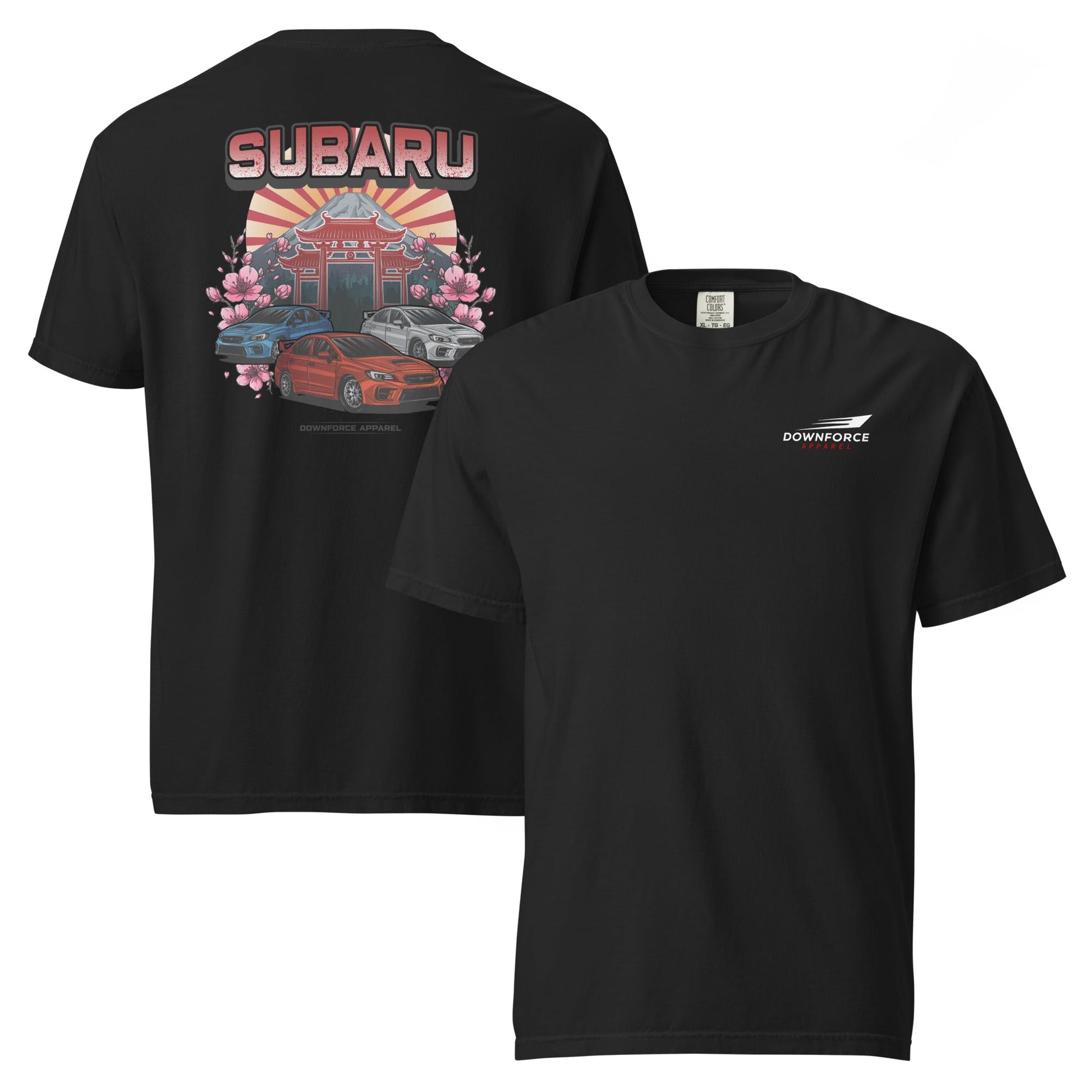 back t shirt front and back with Subaru and downforce apparel logo on front