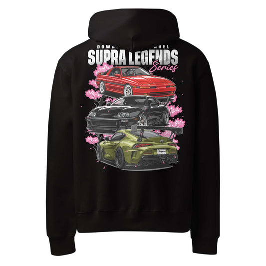 Black Supra Legends Series Hoodie featuring detailed graphic of MK3, MK4, and MK5 Toyota Supras with cherry blossoms design.