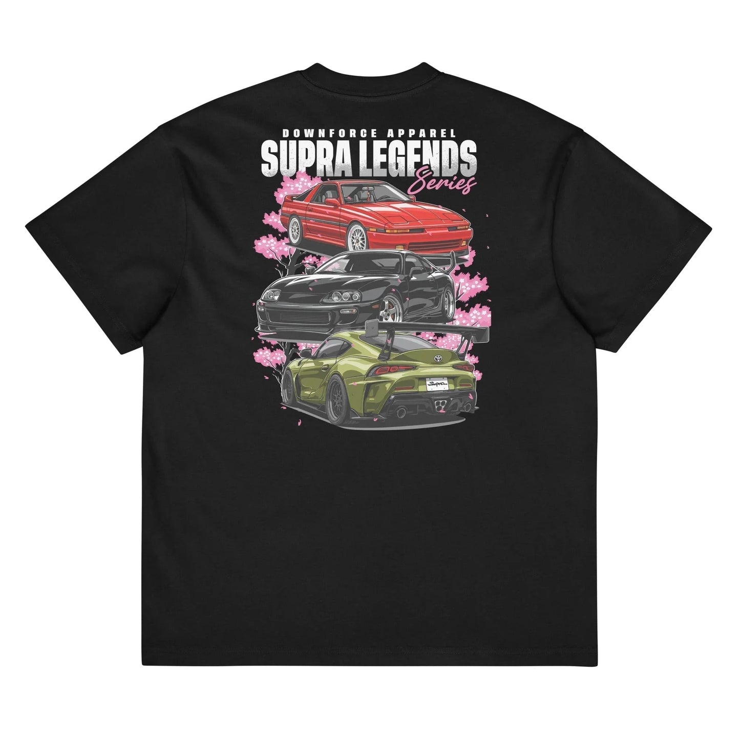 Black streetwear tee featuring three illustrated JDM Supra cars with cherry blossoms