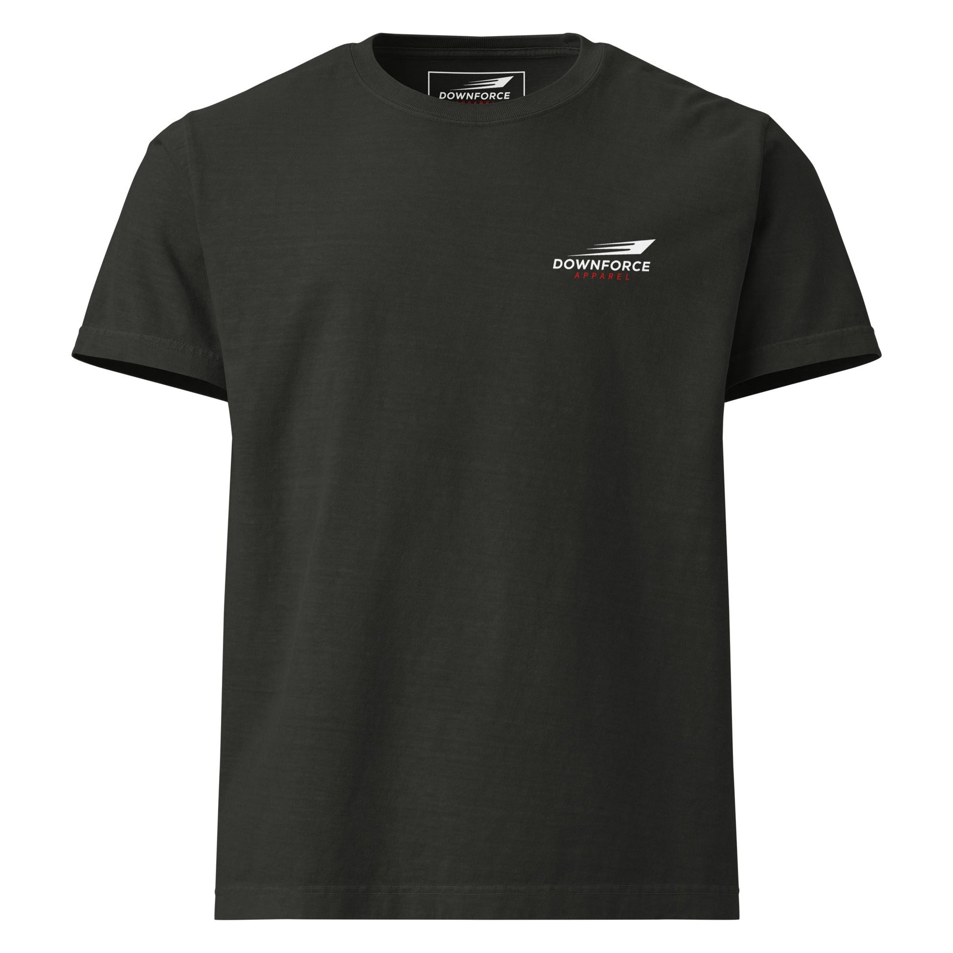 Unisex oversized washed black t-shirt with small graphic logo on chest