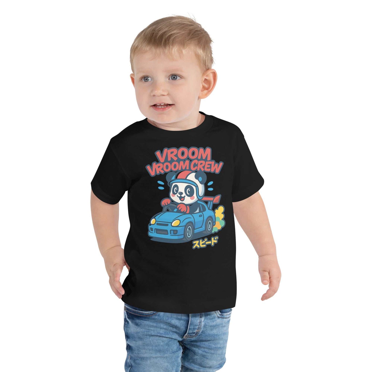 Toddler wearing black Turbo Panda Racing Tee with blue cartoon sports car and panda driver graphic, "Vroom Vroom Crew" text, and Japanese katakana "speed" design.