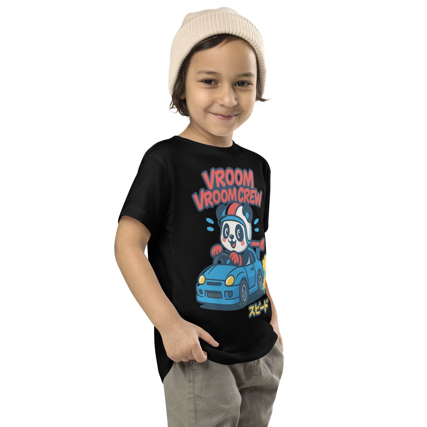 Toddler wearing black Turbo Panda Racing Tee with blue chibi sports car and panda racer graphic, streetwear style.