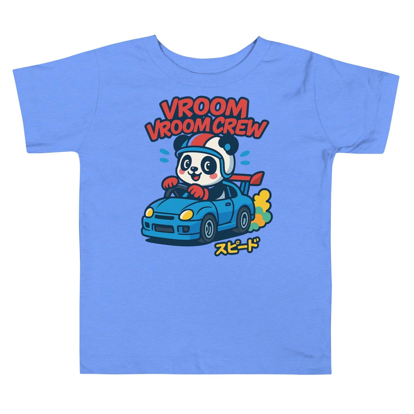 Kids blue Turbo Panda Racing Tee with cartoon panda driving race car and "Vroom Vroom Crew" text