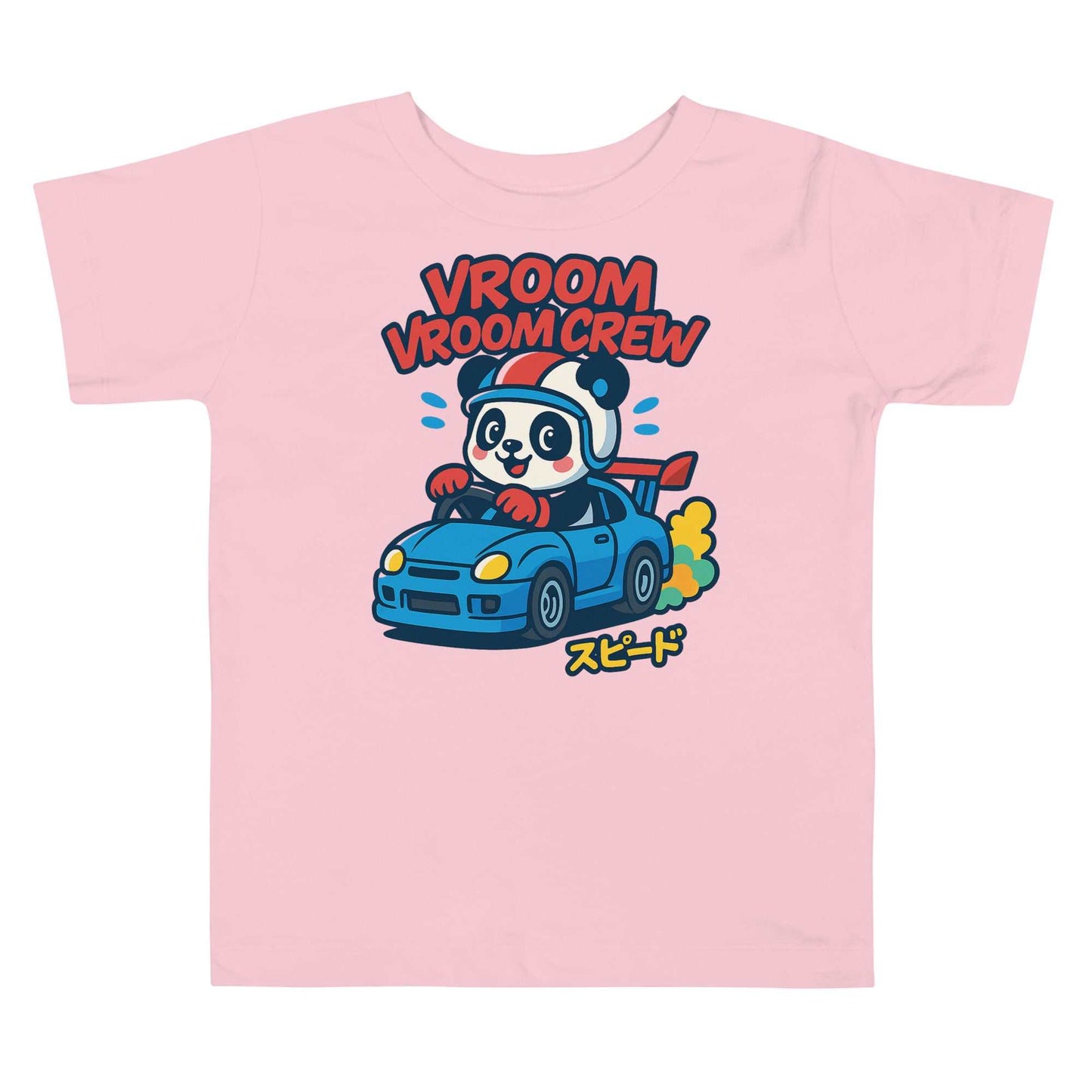 Kids pink Turbo Panda Racing Tee with cartoon panda driving blue sports car and "Vroom Vroom Crew" text