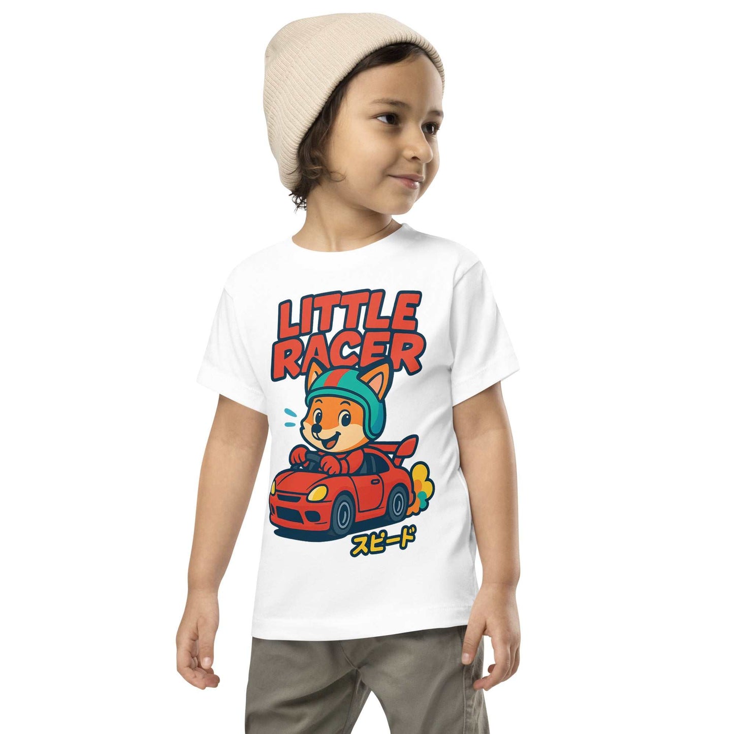 Toddler wearing white Little Racer Fox Tee with cartoon fox driving red sports car and Japanese text.