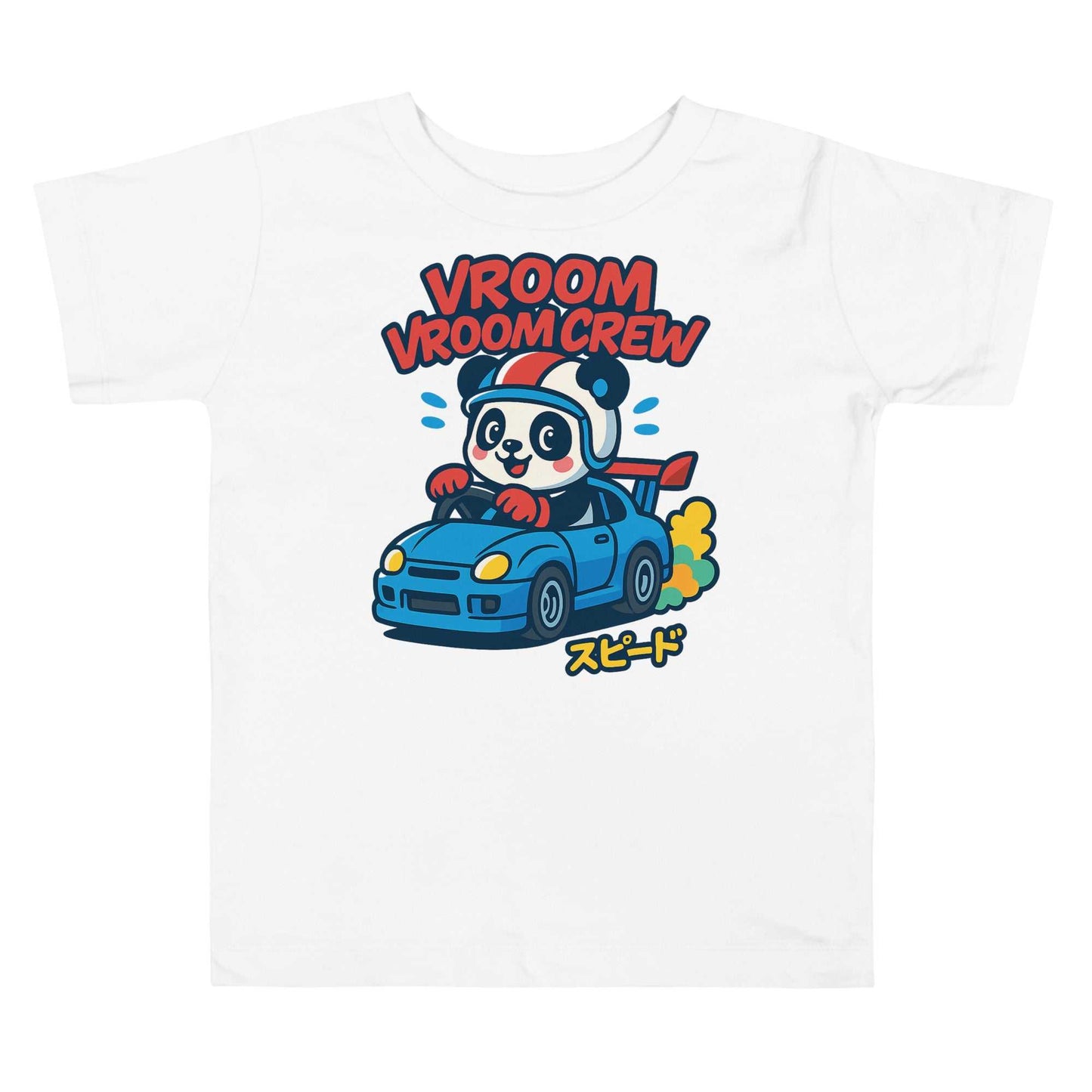 Kids white Turbo Panda Racing Tee with cartoon panda driving blue sports car and "Vroom Vroom Crew" text in JDM streetwear style