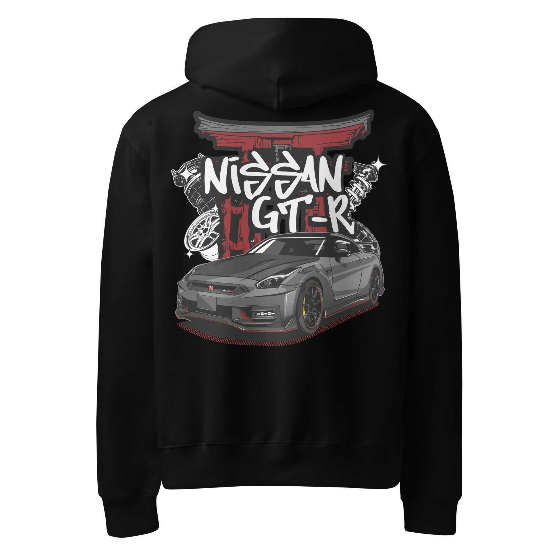 Torii Titan GT-R Hoodie black with Nissan GT-R car and Torii gate graphic on back, premium JDM streetwear design