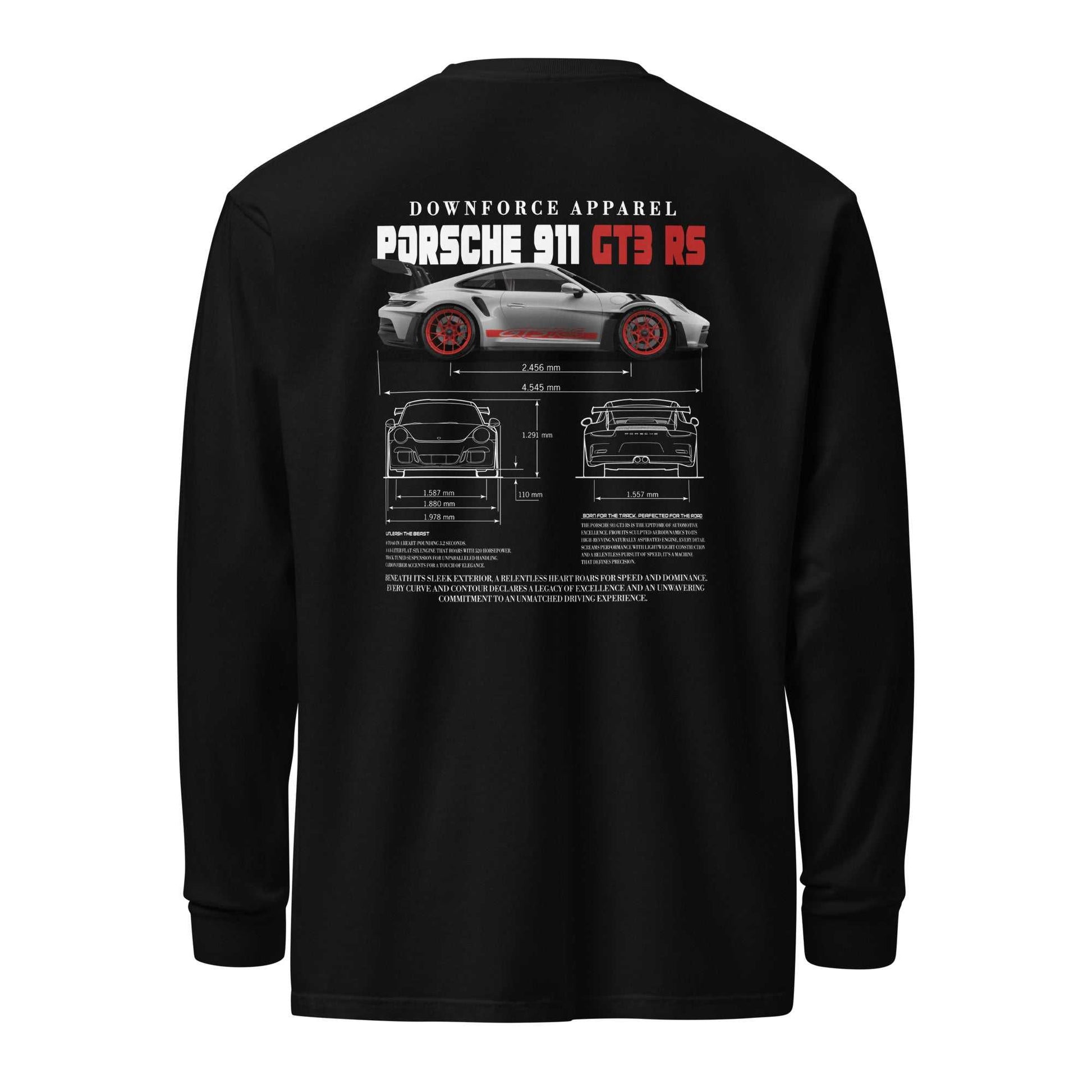 Black Weissach Warrior GT3 RS long sleeve tee with Porsche 911 GT3 RS blueprint design on the back, made of 100% soft ring-spun cotton for motorsport enthusiasts