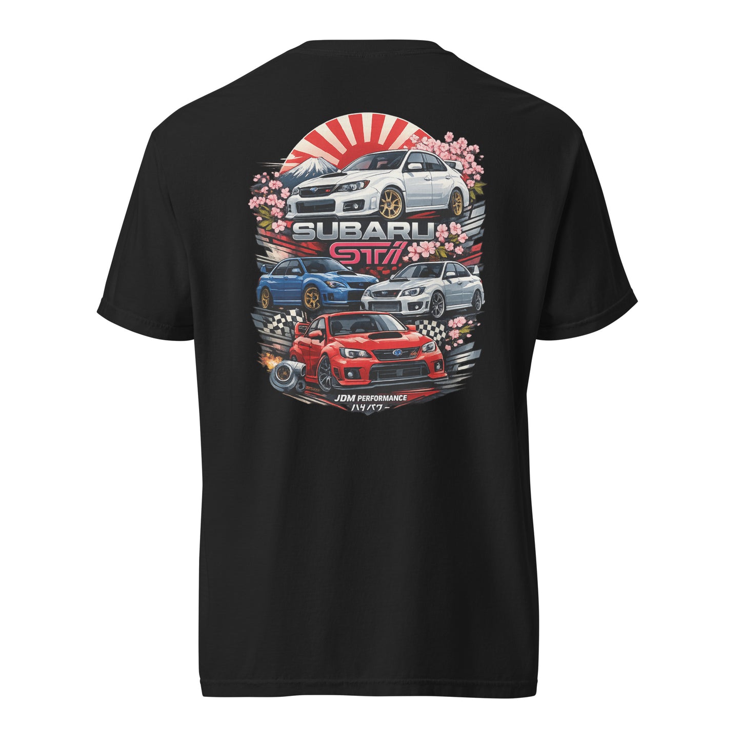 Black heavyweight t-shirt with colorful Subaru STI JDM car graphics and cherry blossoms on back