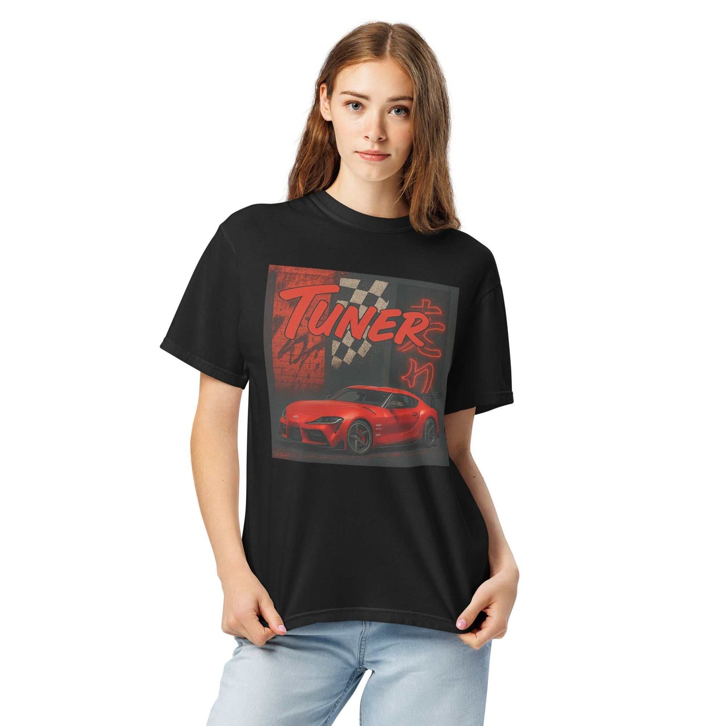 Black Redline Supra Tuner Tee with red sports car graphic and tuner artwork modeled by woman