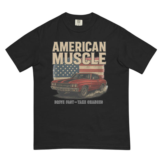 Black Heritage Muscle SS Tee with vintage American flag, classic red muscle car graphic, and "American Muscle" text