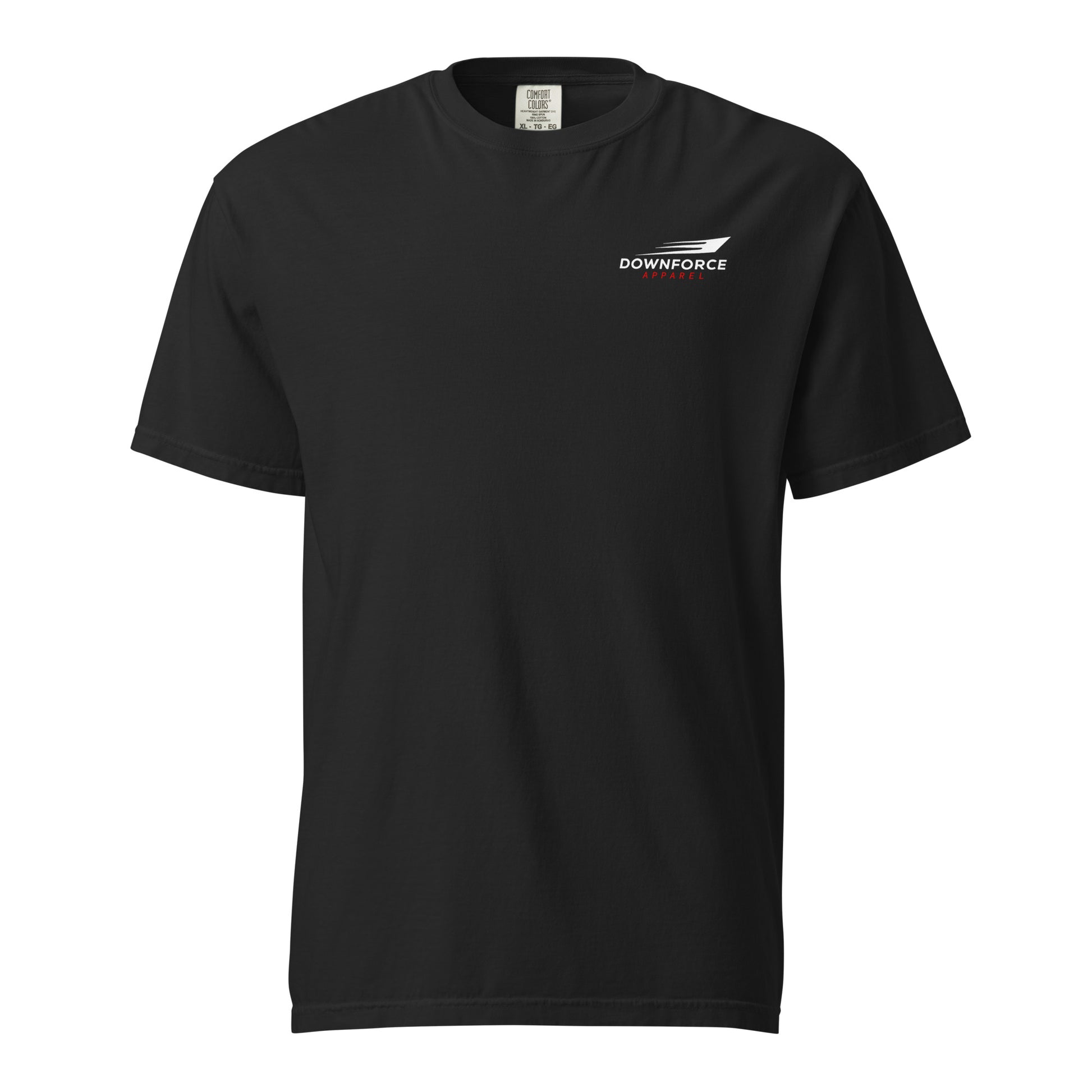 Black heavyweight t-shirt with small Downforce Apparel logo on left chest