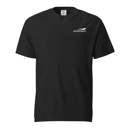 Black heavyweight t-shirt with small Downforce Apparel logo on left chest