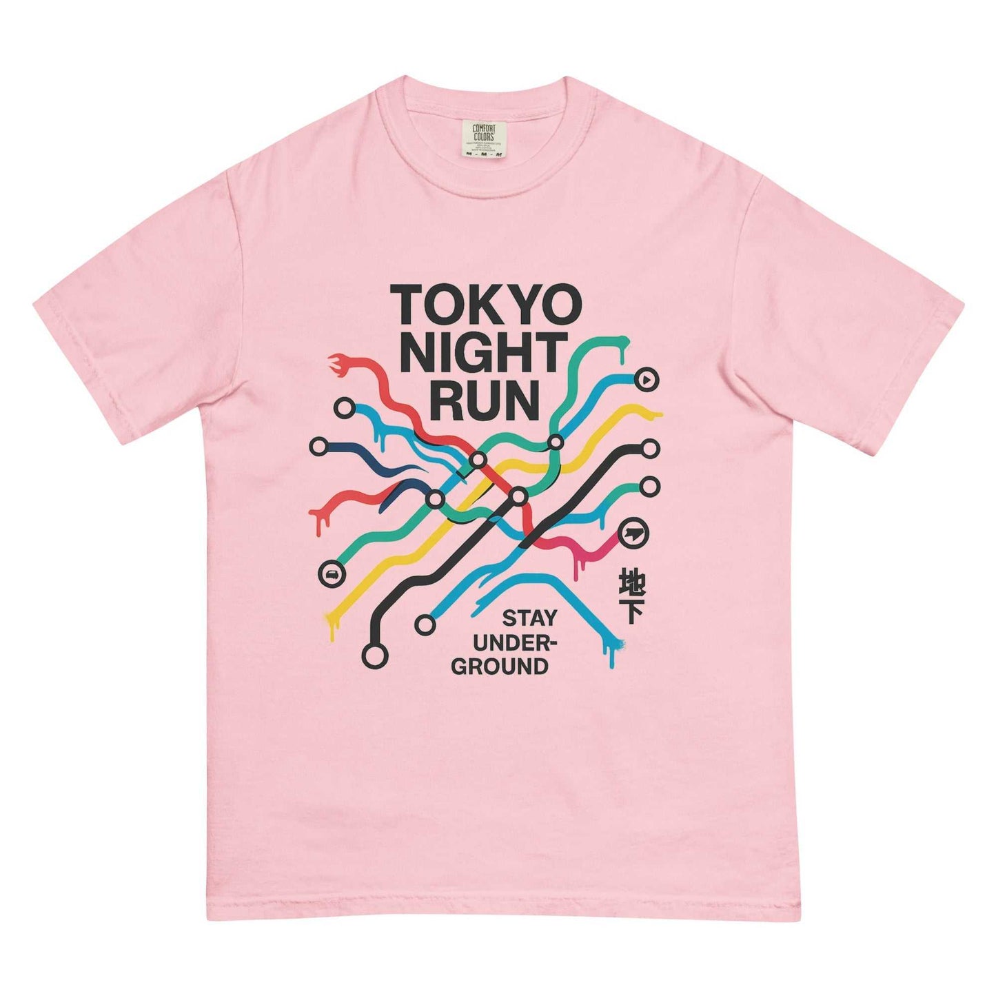 Pink Tokyo Metro Map heavyweight unisex t-shirt with colorful subway line graphic and "Tokyo Night Run Stay Underground" text
