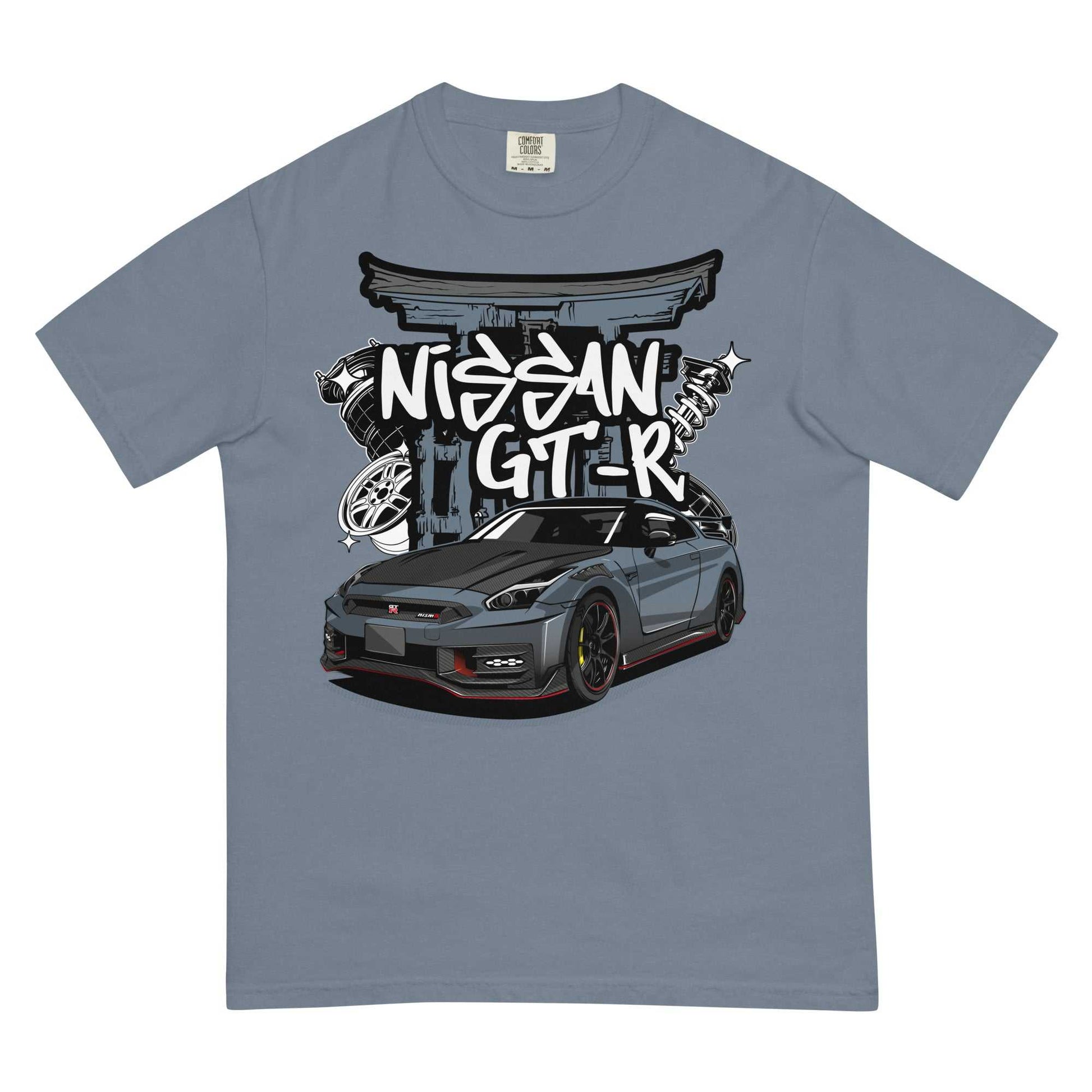 Torii Titan GT-R Tee featuring Nissan GT-R graphic with Torii gate and automotive elements on grey cotton shirt
