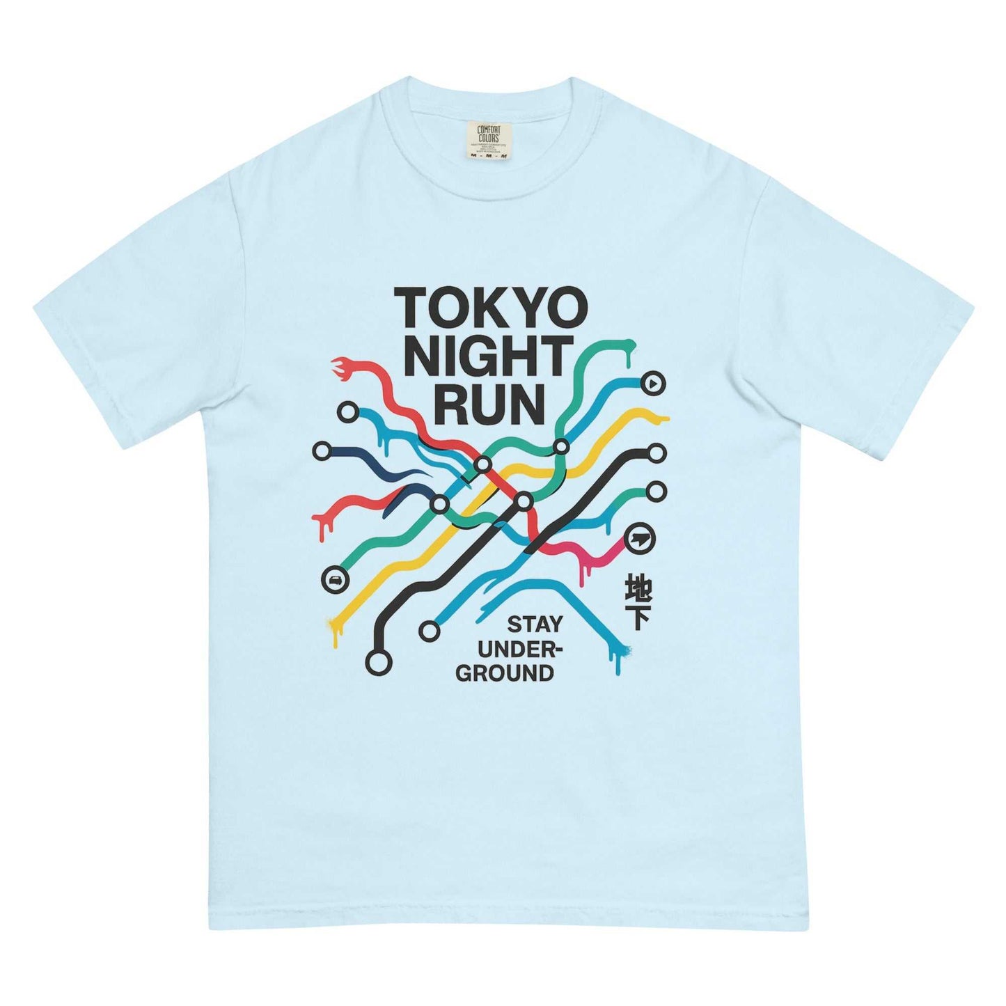 Light blue heavyweight tee featuring a colorful Tokyo metro map graphic with "TOKYO NIGHT RUN" and "STAY UNDERGROUND" text.